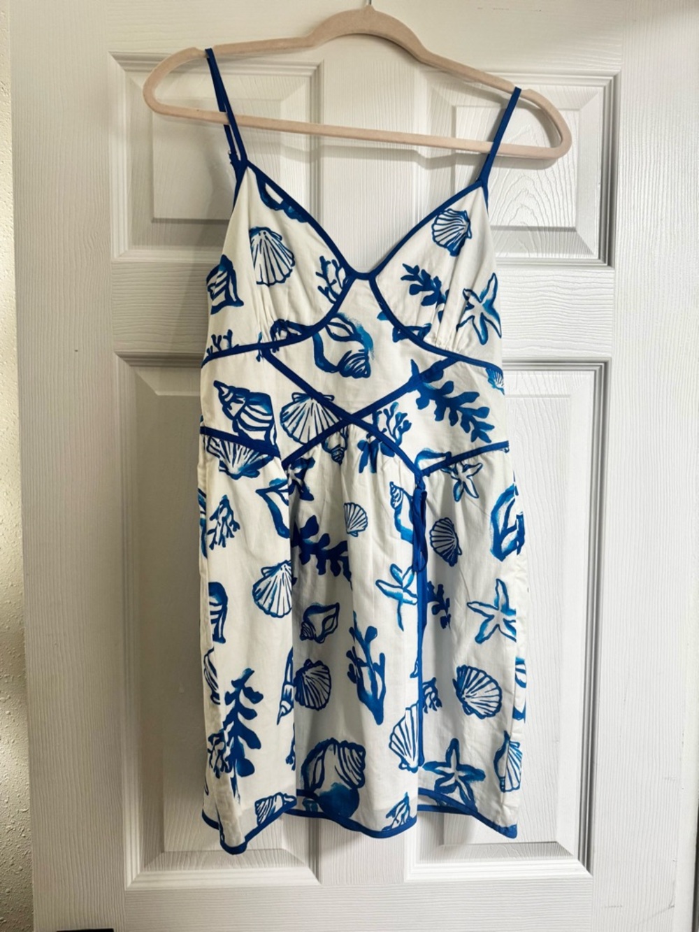 White & Blue Seashell Coastal Print Spaghetti Strap Dress